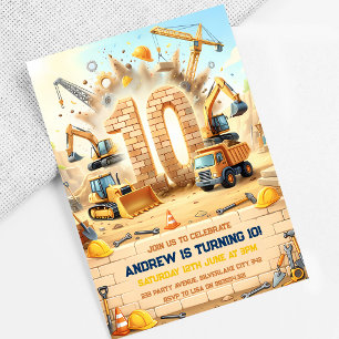 Invitación Cumpleaños 10 de Camiones de Construcción