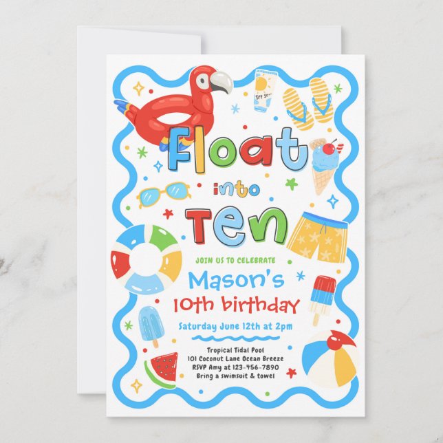 Invitación Cumpleaños 10 de Float Into Ten Fiesta de Piscina  (Anverso)