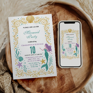 Invitación Cumpleaños 10 de Little Mermaid Dorada Bajo el mar