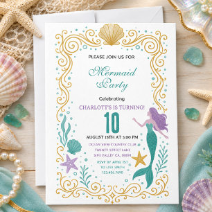 Invitación Cumpleaños 10 de Little Mermaid Dorada Bajo el mar