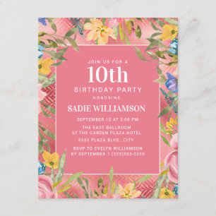 Invitación Cumpleaños 10 de niña floral amarillo azul dorado 