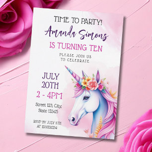 Invitación Cumpleaños 10 de Niña Unicornio Floral Pastel Soña