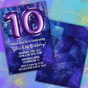 Invitación Cumpleaños 10 de Niño Azul Púrpura