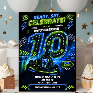 Invitación Cumpleaños 10 de Niño Azul Verde Neon Carreras
