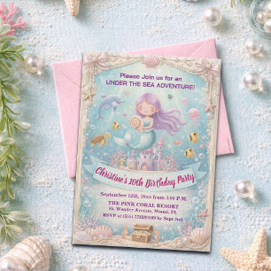 Invitación Cumpleaños 10 de sirena bajo el mar púrpura