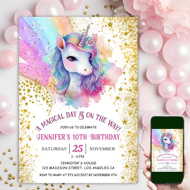 Invitación Cumpleaños 10 de Unicornio | Arcoiris Purpurina de (#UnicornBirthdayInvitation #UnicornBirthdayInvitationTemplate #UnicornBirthdayInvitationEditable 
)