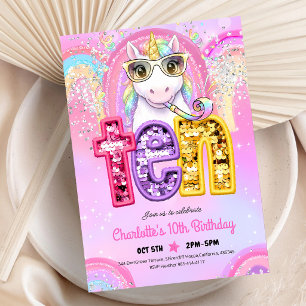 Invitación Cumpleaños 10 de Unicornio con Lentejuelas de Arco
