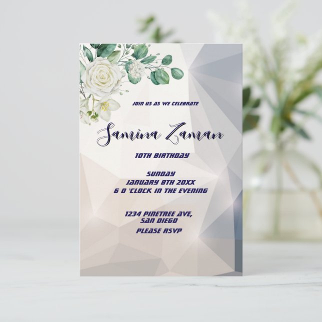 Invitación Cumpleaños 10 Elegante Flor de Rosa Blanca (Anverso de pie)