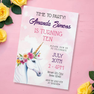 Invitación Cumpleaños 10 Fantasía Unicornio Floral Pastel Sua