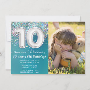 Invitación Cumpleaños 10 Foto Brillo Teal Plata