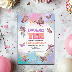 Invitación Cumpleaños 10 hadas mariposas dorado brillo Fiesta
