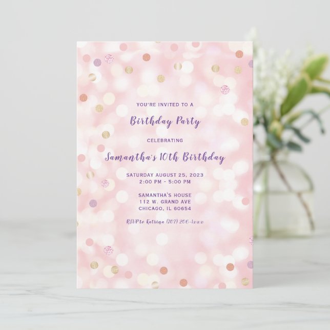 Invitación Cumpleaños 10 Morado Rosa Dorado (Anverso de pie)