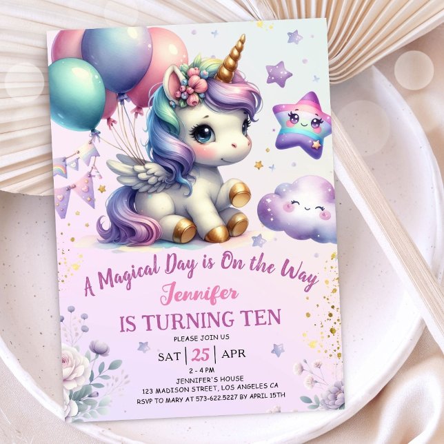 Invitación Cumpleaños 10 Unicornio Niña Púrpura y  (#UnicornBirthdayInvitation #UnicornBirthdayInvitationTemplate #UnicornBirthdayInvitationEditable 
)