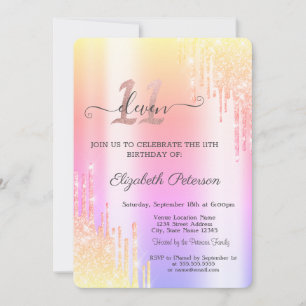 Invitación Cumpleaños 11 Cool Ombre Glitter Drips 