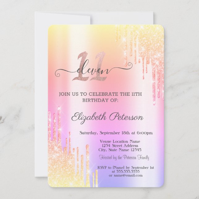 Invitación Cumpleaños 11 Cool Ombre Glitter Drips  (Anverso)