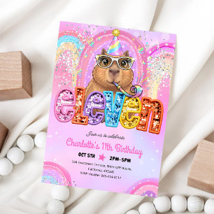 Invitación Cumpleaños 11 de Capibara Rosa Preppy