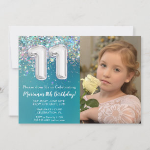 Invitación Cumpleaños 11 Foto Brillo Teal Plata