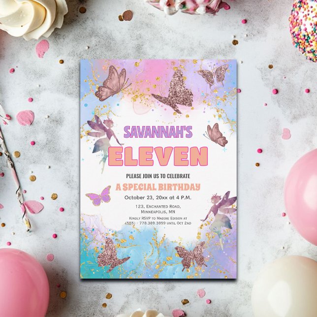 Invitación Cumpleaños 11 Mariposas Hada Dorado Brillo Fiesta (Subido por el creador)