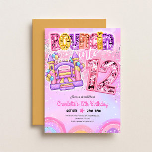 Invitación Cumpleaños 12 Casa de Rebote Arcoíris Rosa Pastel