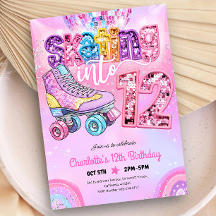 Invitación Cumpleaños 12 con patinaje sobre ruedas disco neón