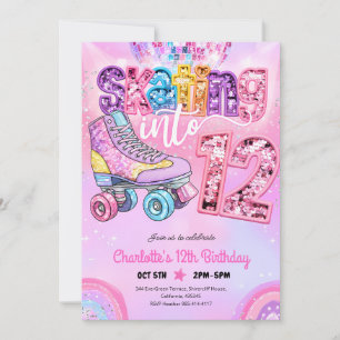 Invitación Cumpleaños 12 con patinaje sobre ruedas disco neón