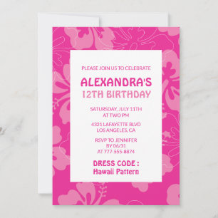 Invitación Cumpleaños 12 con tema hawaiano rosa