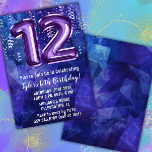 Invitación Cumpleaños 12 de Niño Azul Púrpura