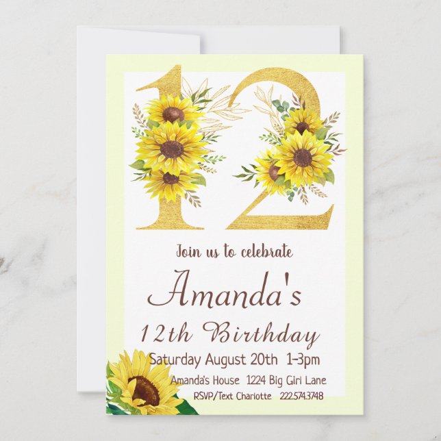 Invitación Cumpleaños 12 del girasol (Anverso)