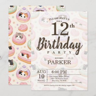 Invitación Cumpleaños 12 Editable Gato Donut Adorable Fiesta