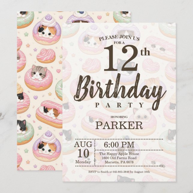 Invitación Cumpleaños 12 Editable Gato Donut Adorable Fiesta (Anverso / Reverso)