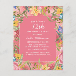 Invitación Cumpleaños 12 en Rosa Dorado Amarillo Azul Floral