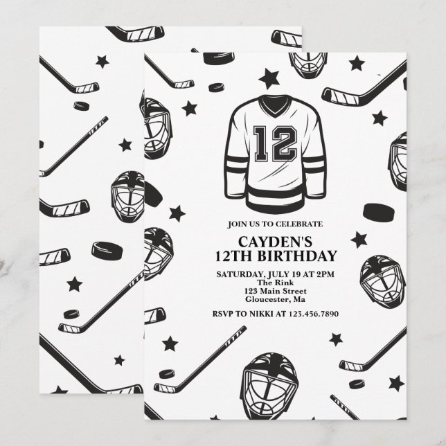 Invitación Cumpleaños 12 Hockey negro y blanco (Anverso / Reverso)