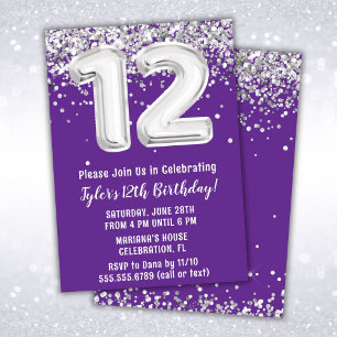 Invitación Cumpleaños 12 Morado y Plata
