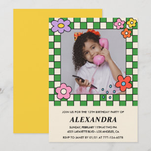 Invitación cumpleaños 12 niña Flores Retro Groovy