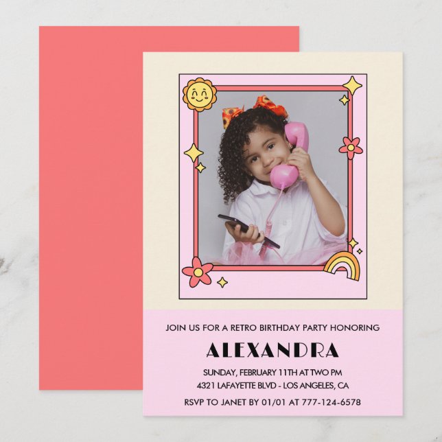 invitación cumpleaños 12 Retro Groovy Floral Rosa (Anverso / Reverso)
