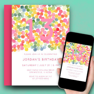 Invitación Cumpleaños 13 Acuarela moderna Atrevido Lindo Rosa