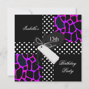 Invitación Cumpleaños 13 Animal Lunares Púrpura Negro Blanco