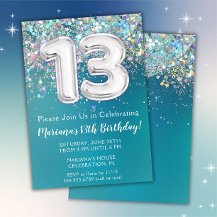 Invitación Cumpleaños 13 Años Brillo Teal Plata