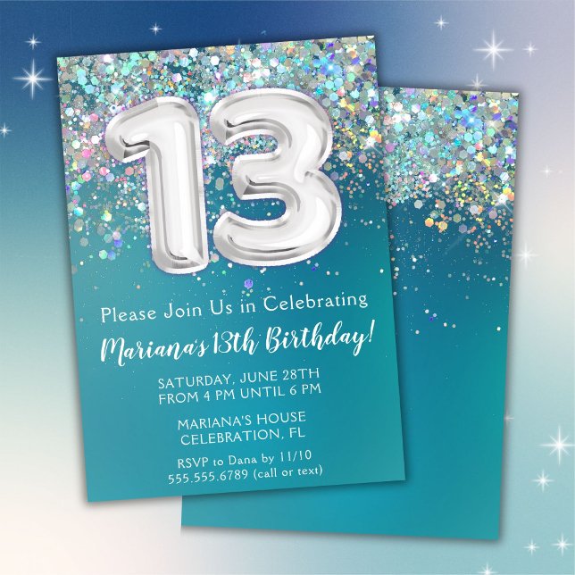 Invitación Cumpleaños 13 Años Brillo Teal Plata (Subido por el creador)