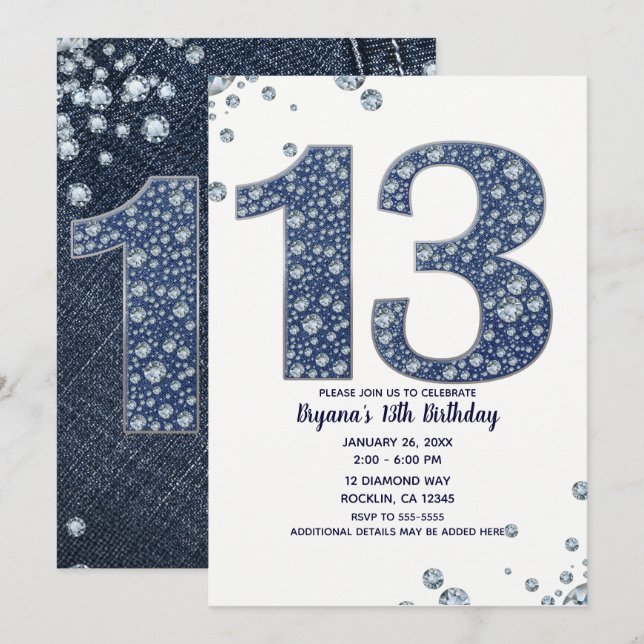 Invitación Cumpleaños 13 Brillante Denim & Diamonds Bling (Anverso / Reverso)