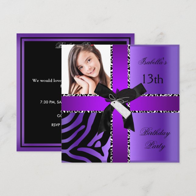 Invitación Cumpleaños 13 Cebra Vaca Morado Negro Blanco (Anverso / Reverso)