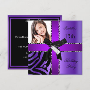 Invitación Cumpleaños 13 Cebra Vaca Morado Negro Blanco