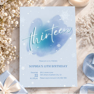 Invitación Cumpleaños 13 con copo de nieve azul de invierno c