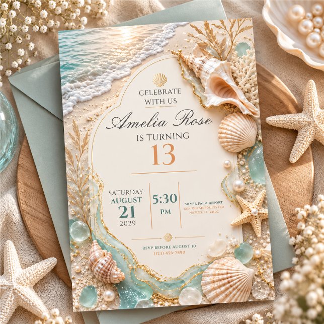 Invitación Cumpleaños 13 Elegante Concha de Playa (Subido por el creador)