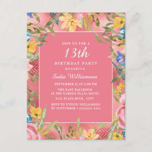 Invitación Cumpleaños 13 en rosa dorado amarillo azul floral