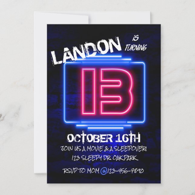 INVITACIÓN CUMPLEAÑOS 13, FIESTA ADOLESCENTE, NEÓN, FIESTA DE (Anverso)