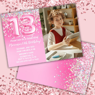 Invitación Cumpleaños 13 Foto Brillo Rosa