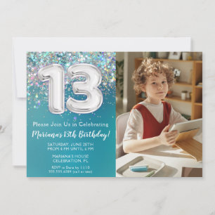 Invitación Cumpleaños 13 Foto Brillo Teal Plateado