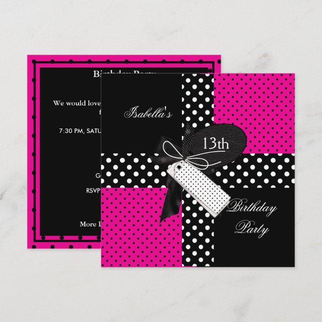 Invitación Cumpleaños 13 lunares de lunares rosa negro blanco (Anverso / Reverso)