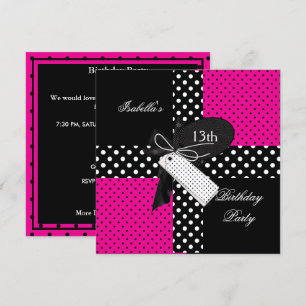 Invitación Cumpleaños 13 lunares de lunares rosa negro blanco